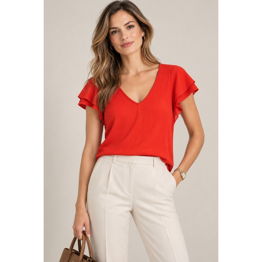 Ann Taylor Petite Ribbed V-Neck Flutter Sleeve Top Orange Red LP